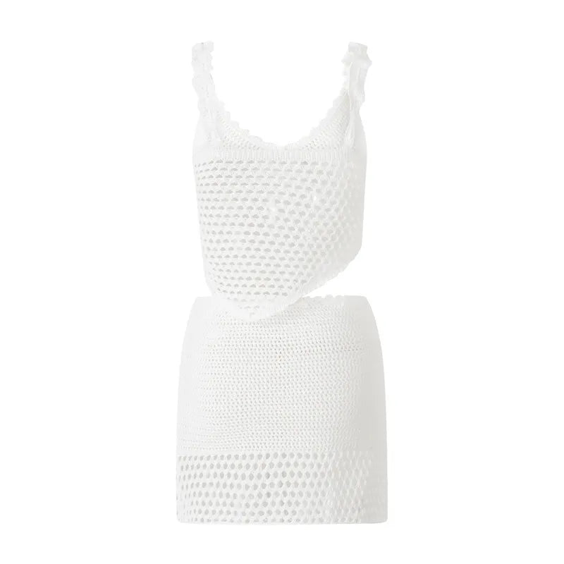 2 Piece Mini Skirt Set Off Shoulder Hollow Out Tube Top Bodycon Skirt Crochet Knit Short Skirt