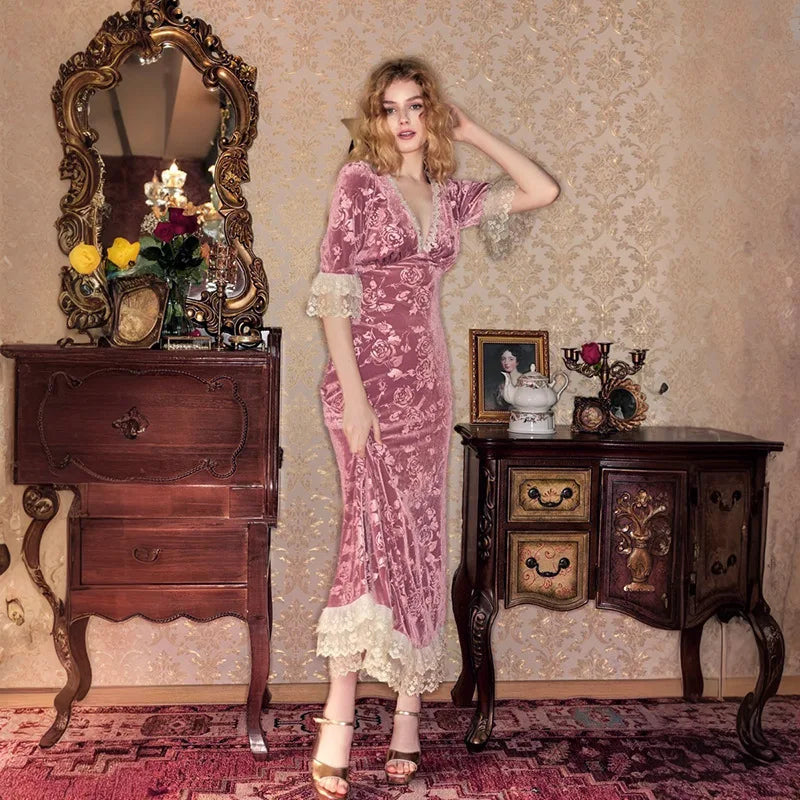 Patchwork Deep V-neck Lace Maxi Dress Short Sleeve ed Floral Dress French