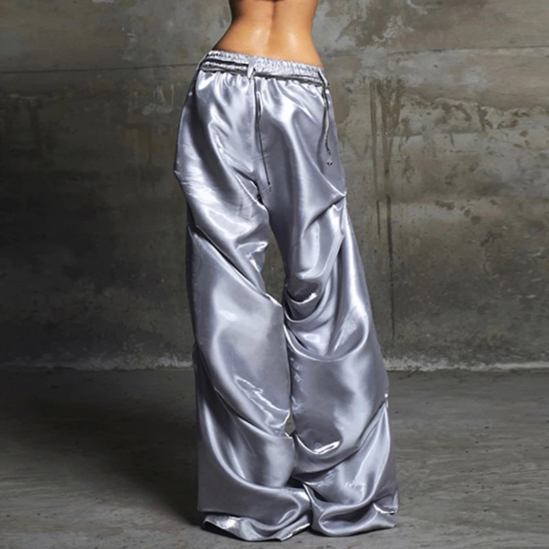 Satin Button Loose Pants 's Trousers Print Grunge