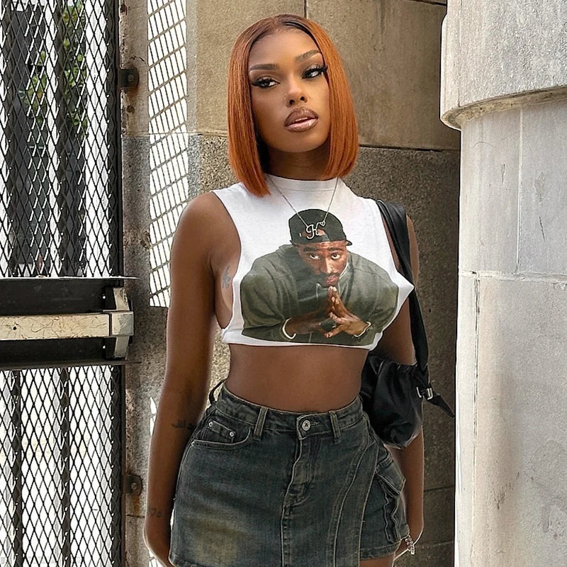 Retro 3D Tank Top O Neck Sleevele Cut Out Vet Crop Top