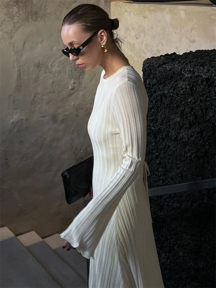 Knit Loose Maxi Dress Lace-Up High Waist Ribbed Long Sleeve Dress Knit Long Dress