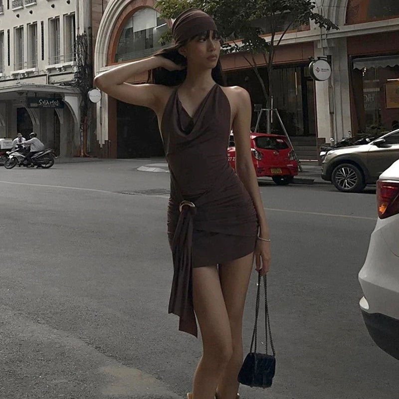 Brown Low-cut Backless Pleated Slim Mini Dress