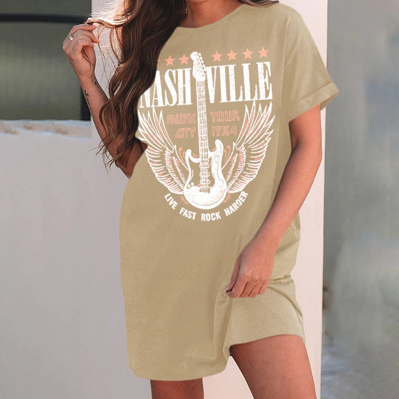 'S Spring Printed Lengthened Wide T-Shirt Dress Cool Metal Wind Loose Versatile wea