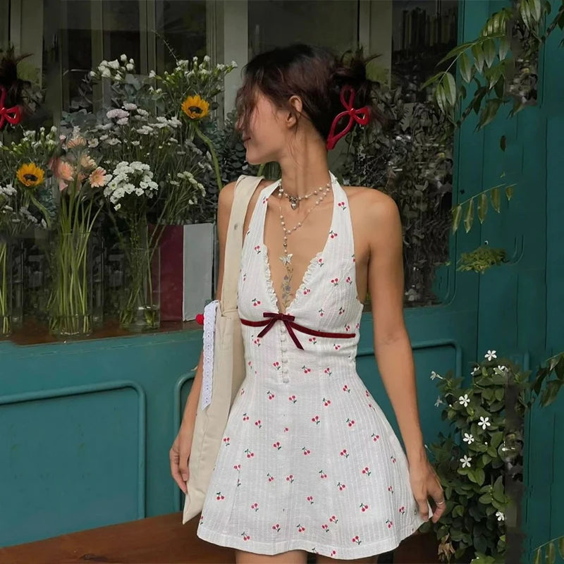 White V-Neck Backless Mini Dress