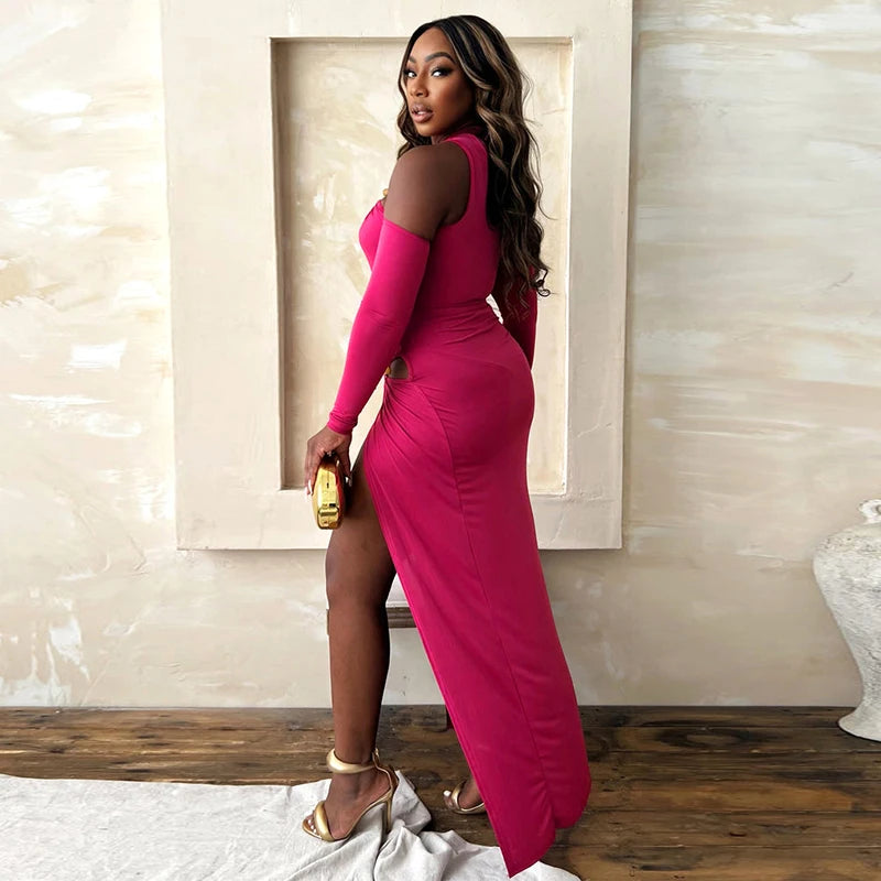 Single Shoulder Half Neck Long Sleeve Hollow Out Bodyuit Split Long Dress Set