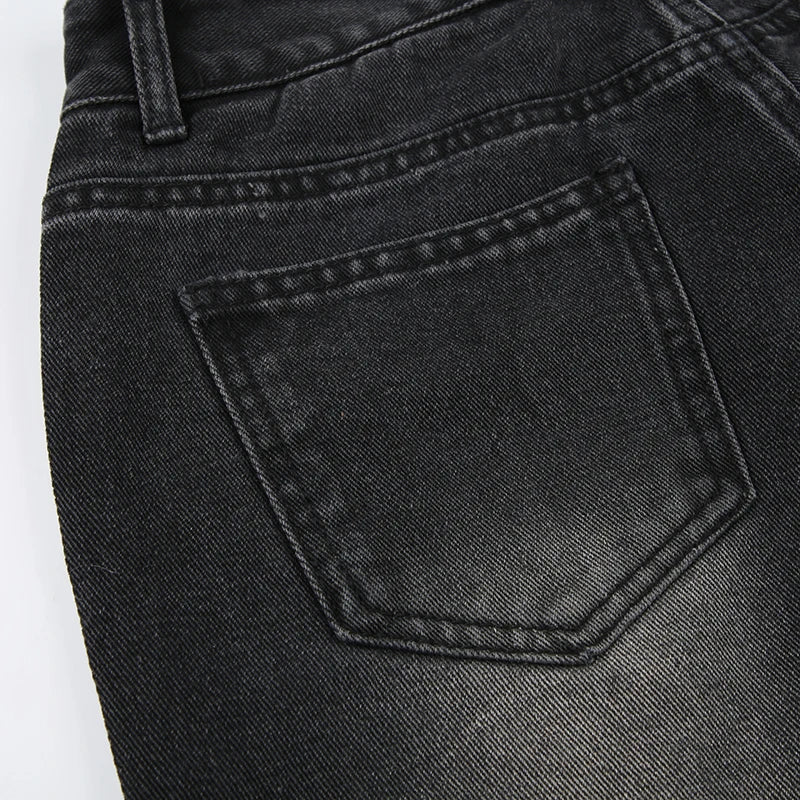 Rhinestone Loose Jeans Low Waisted Pockets Zipper Pants Bottoms