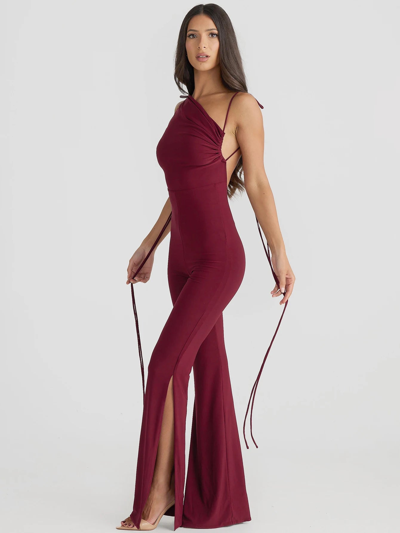 Backless Halter Lace Up Irregular Split Long Pants Jumpsuit