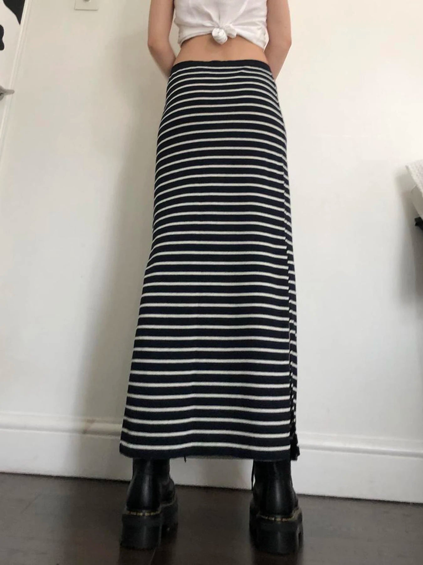 Strip Long Skirt Straight Bottom Slit Skirt
