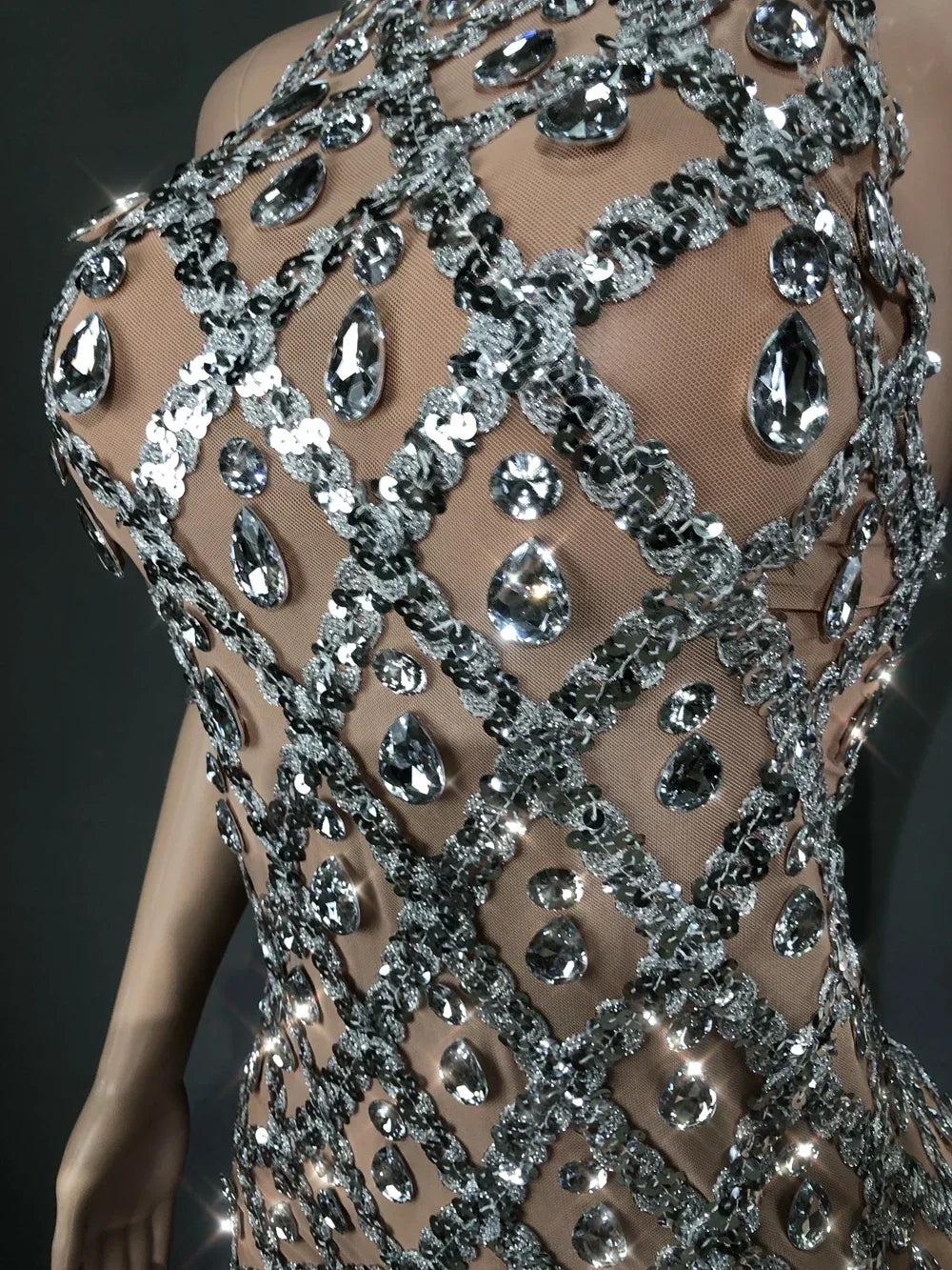 Sparkly Silver Sequins Crystals Short Dress Sleeveless Transparent Birthday Dress Singer Show Wear