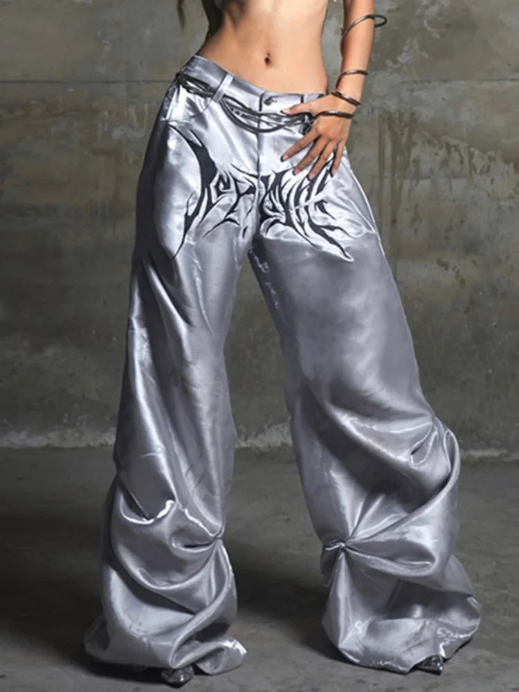 Satin Button Loose Pants 's Trousers Print Grunge
