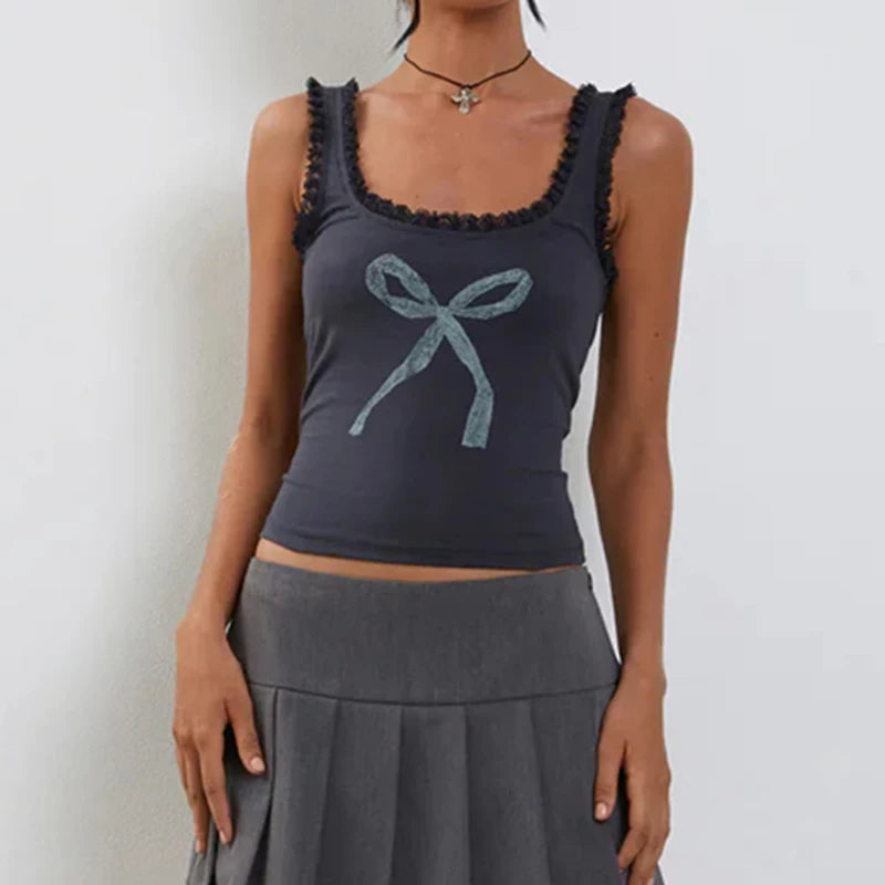 Bow Print sweet Camis Sleeveless Lacework Vests Square Collar Crop Top
