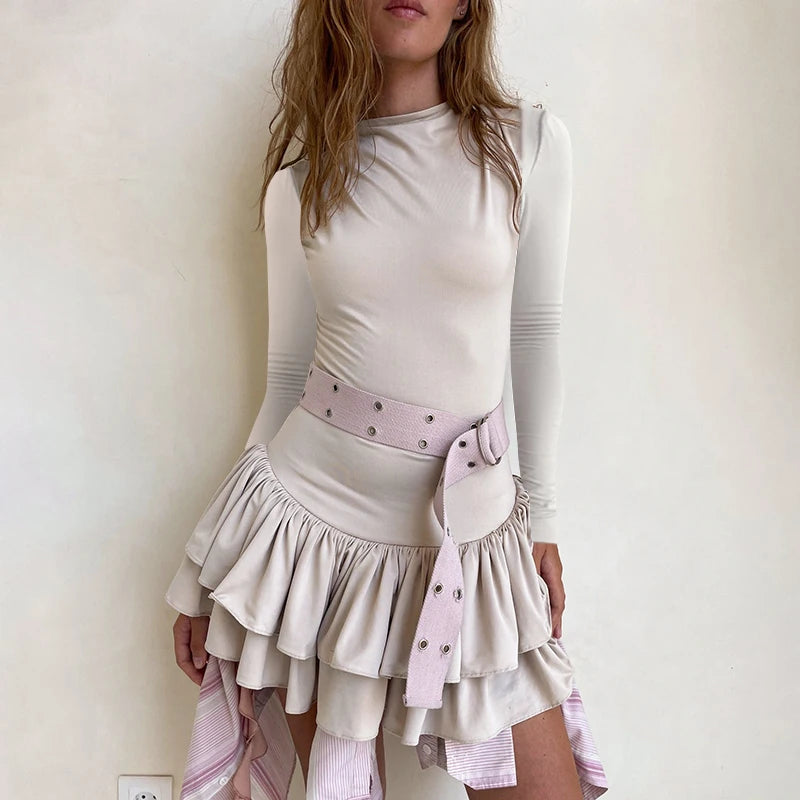Round Neck Long Sleeve Dress Hem Pleat Deign Mini Dress