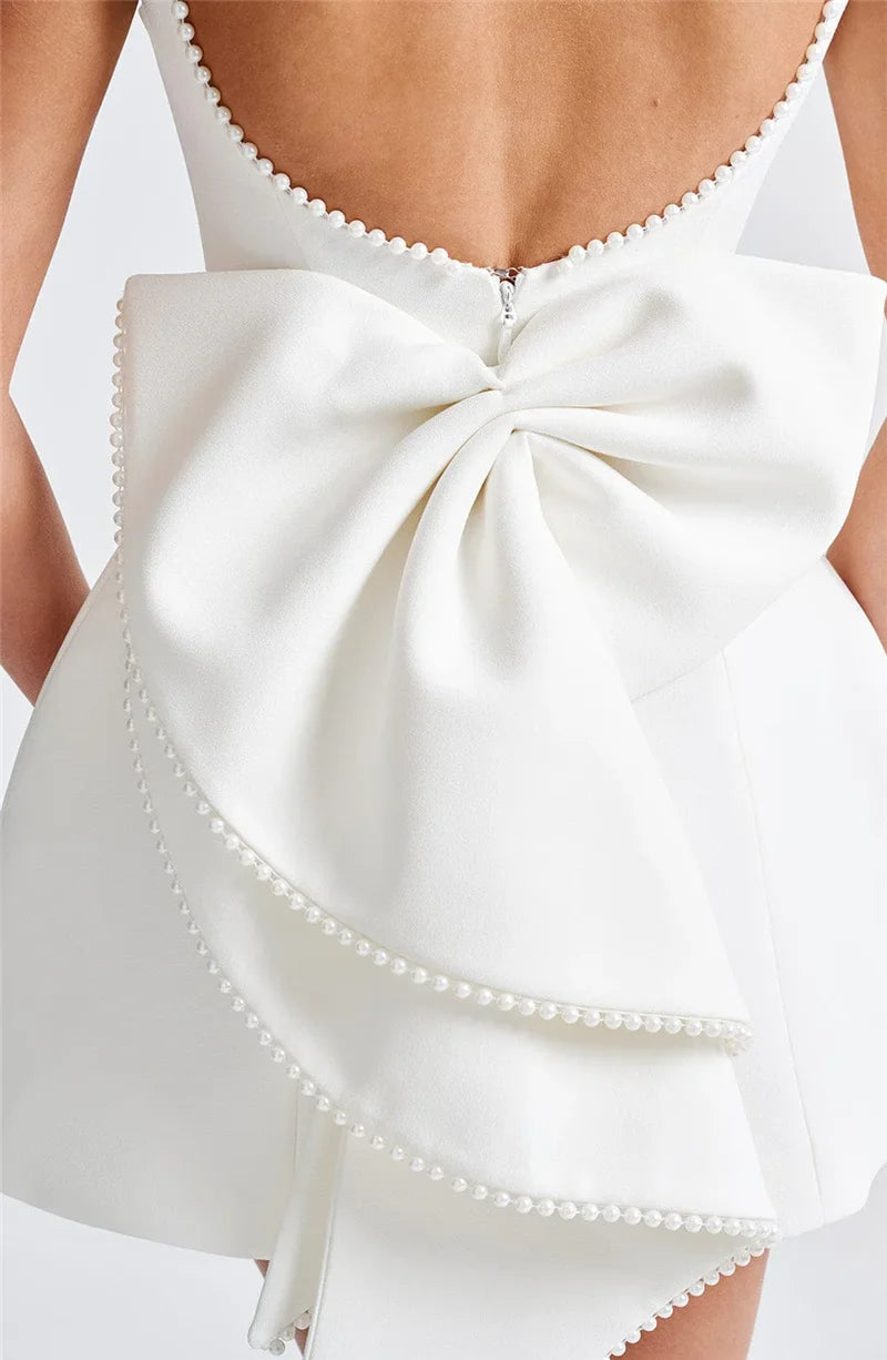 Pearl Bow Backless Mini Dress Zipper Sleeveless High Waist A-line Dress