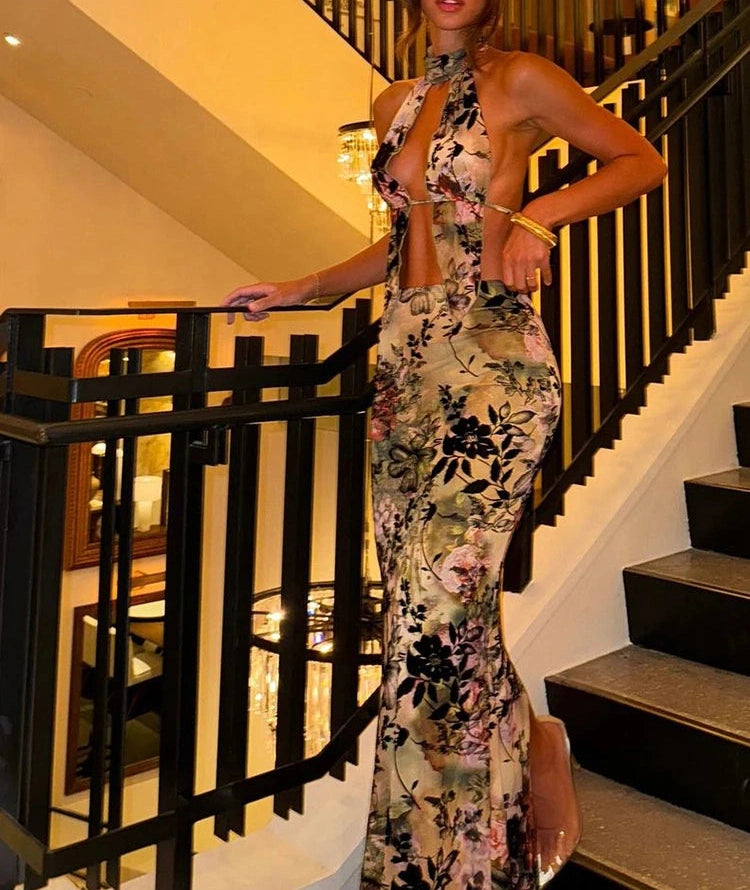 Print Two Piece Set High Street Halter Crop Tanks Matchig Skirt Suits