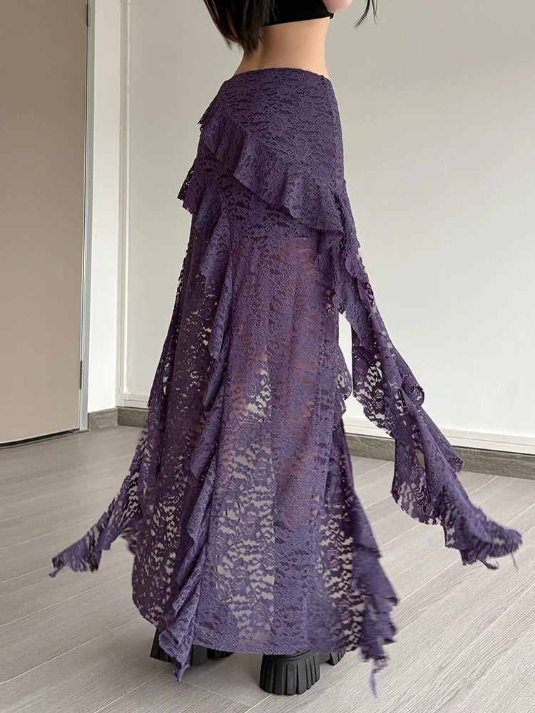 Irregular Ruffles Lace Patchwork Skirt