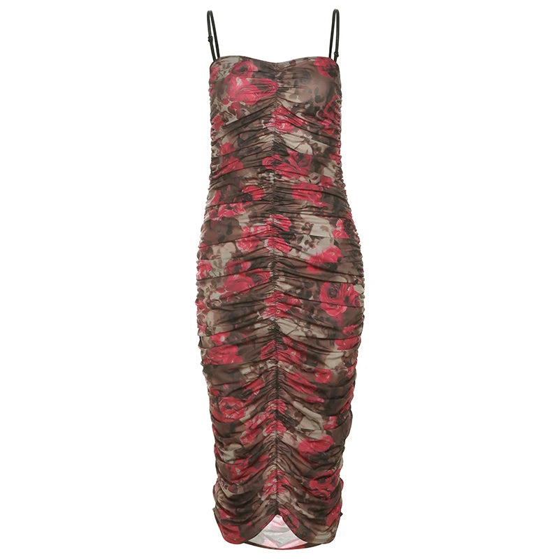 Flower Dress Square Collar Backless Sleeveless Stretch Pleat Long Bodycon
