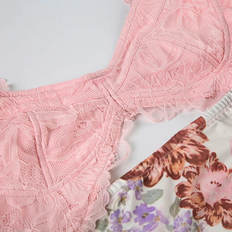 Floral Lace Patchwork Hollow Out Slits Dress Harajuku Long