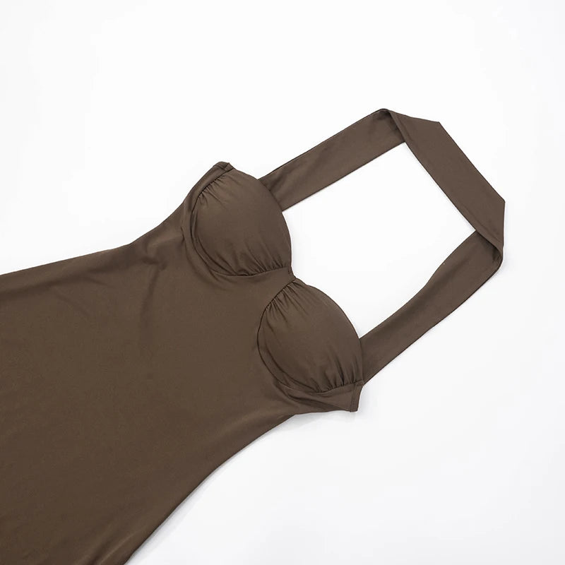 'S Color Sleeveless Split Mesh Patchwork Hanging Neck Strapless A-Line Pleated Hem Dress