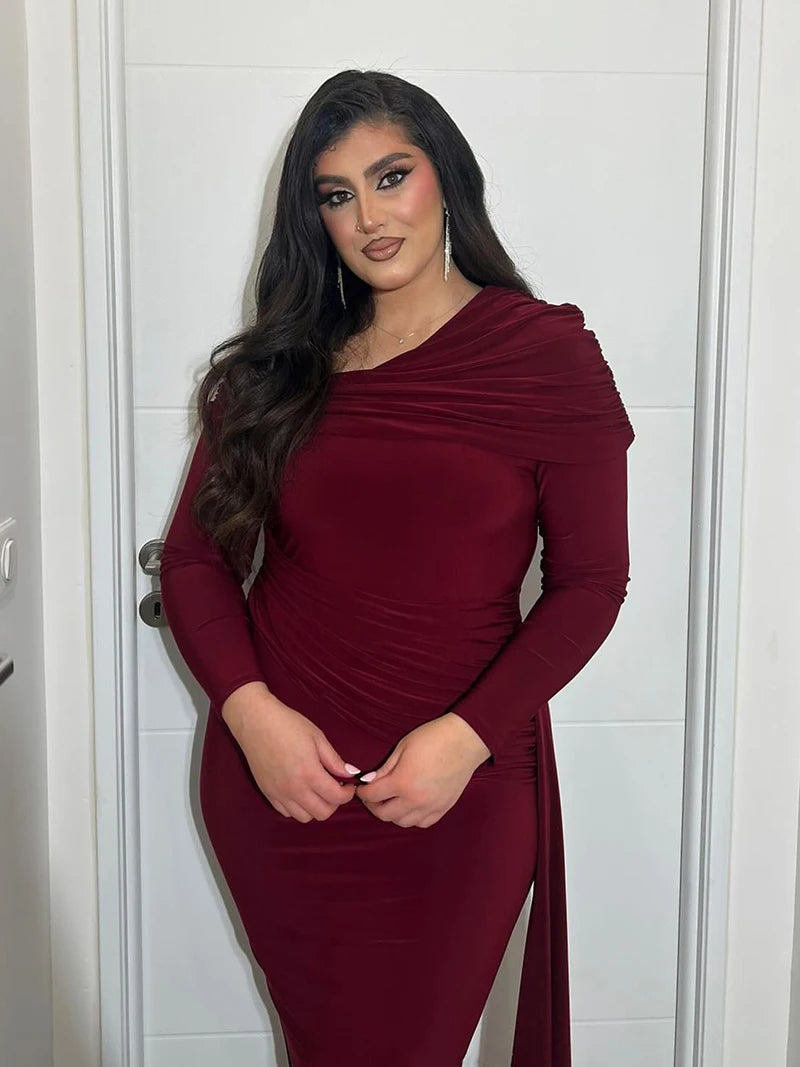 Skew Collar Long Sleeve Maxi Dress Gown Backless Draped Ruched Bodycon Long Dress
