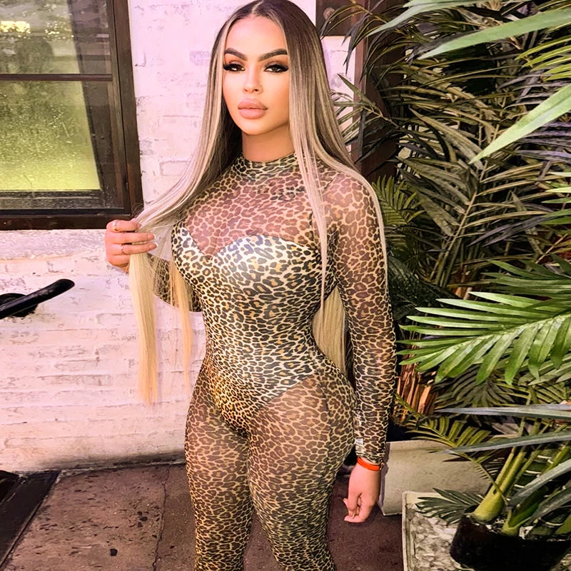 Leopard Slim Long Sleeve Round Neck See Through Slim Jumpuit