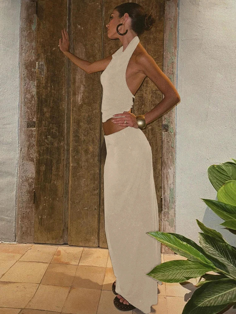 Hollow Two Piece Set Halter Swing Collar Backless Crop Top Long Skirt Matching