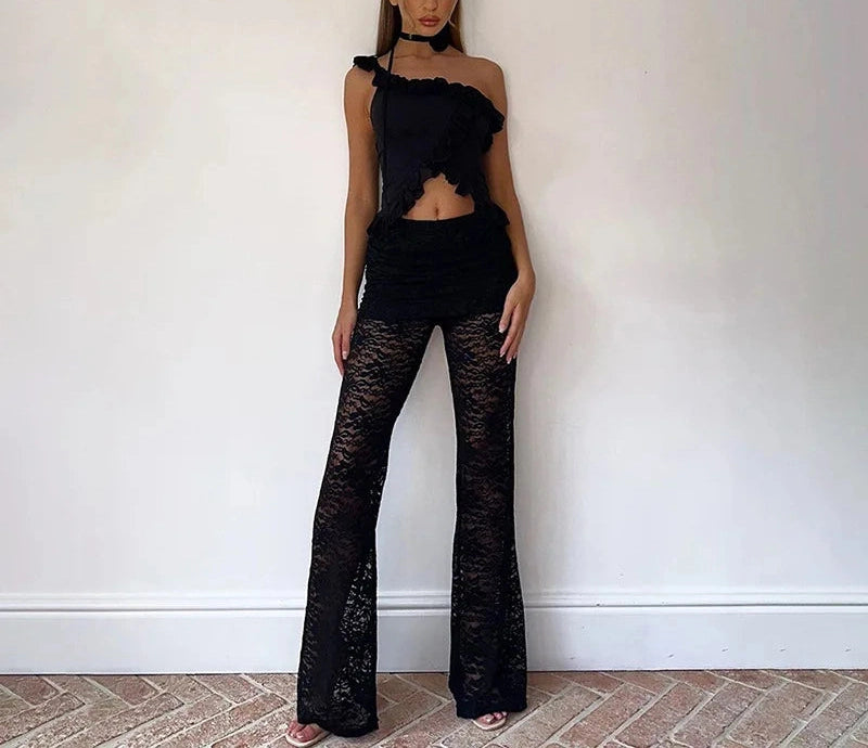 Stacked Lace Pants Solid See Through High Waist Slim Trouser Solid Stunning Bottoms