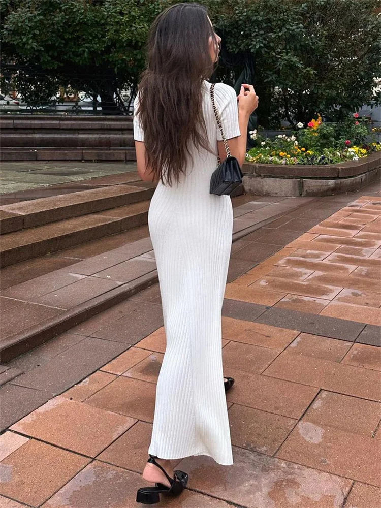 White Knit Maxi Dress Short Sleeve Patchwork Dress Lapel High Waist Knit Dress