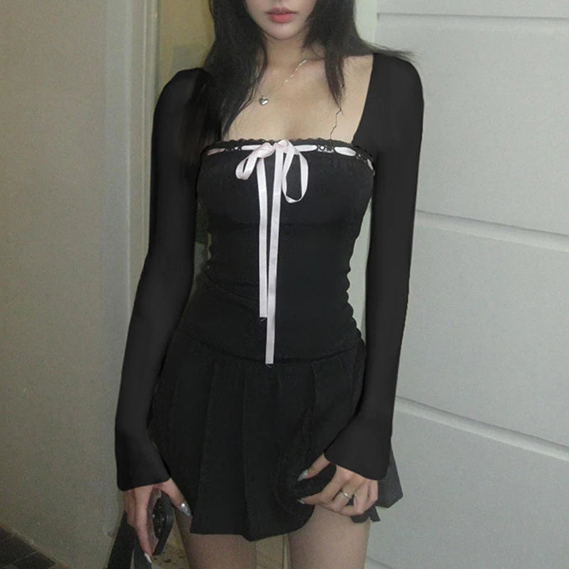 Black Lace Up Square Collar Dresses Balletcore Aesthetic Bodycon Long Sleeve Mini Dress Korean