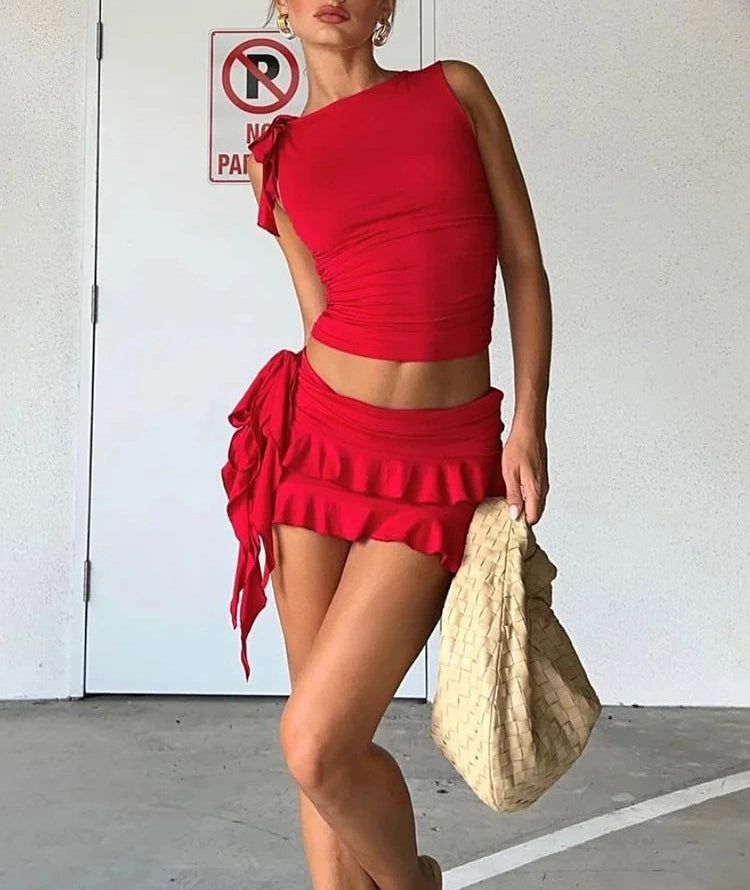 Halter Lace-up Two Pieces Sets Spaghetti Strap Camisole Hip Slim Mini Skirt Dress Suit