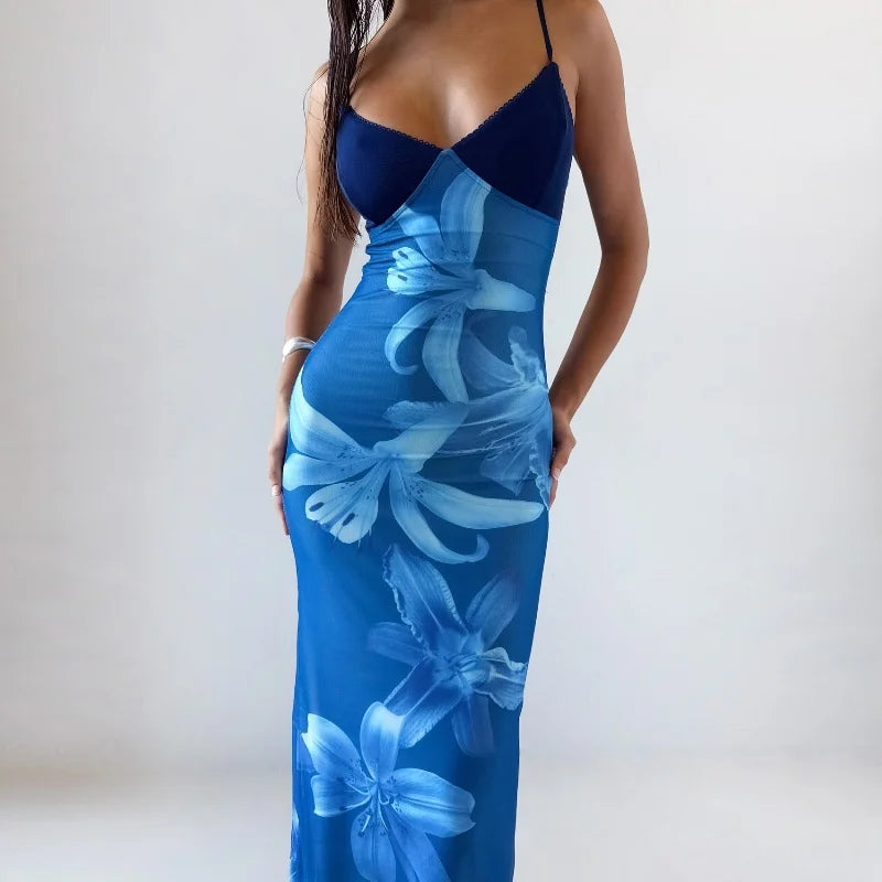 Blue Floral V-Neck Bodycon Midi Dress