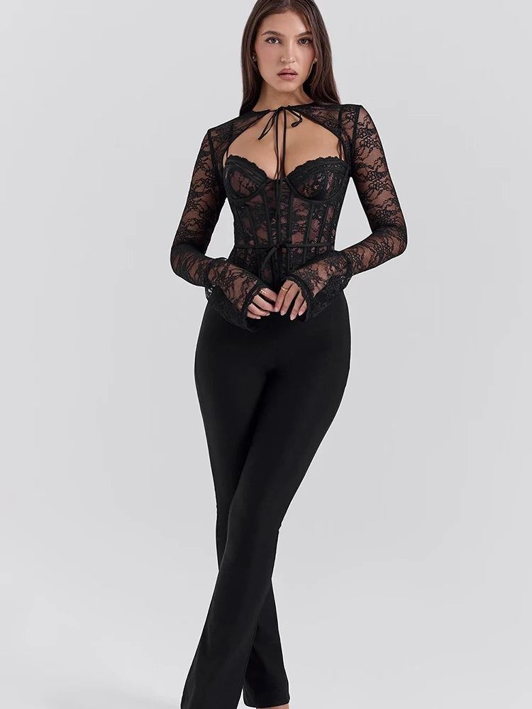 See Through Lace Two Piece Sets Tops Long Sleeve Print Floral Tops