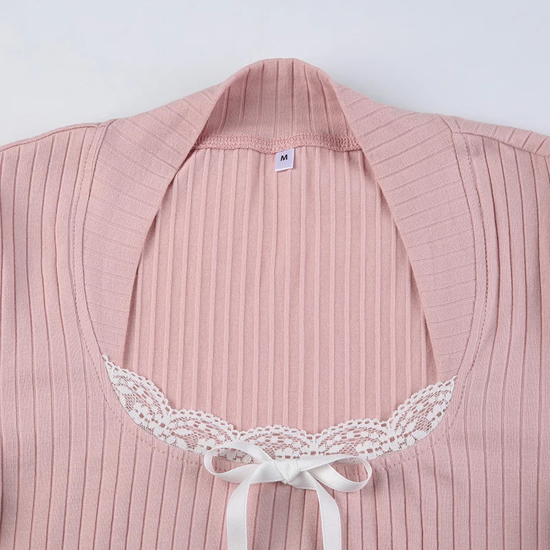 Patchwork Pink Tee Shirts Lace-up Bow Kawaii 's Crewneck Long Sleeves Slim Top