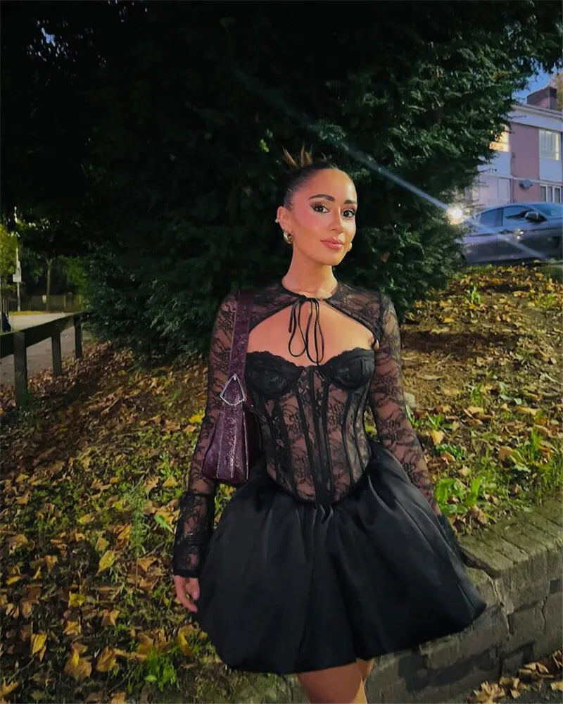 Black Lace Puffball Mini Dress Lace-up Sheer Long Flare Sleeve High Waist Dress