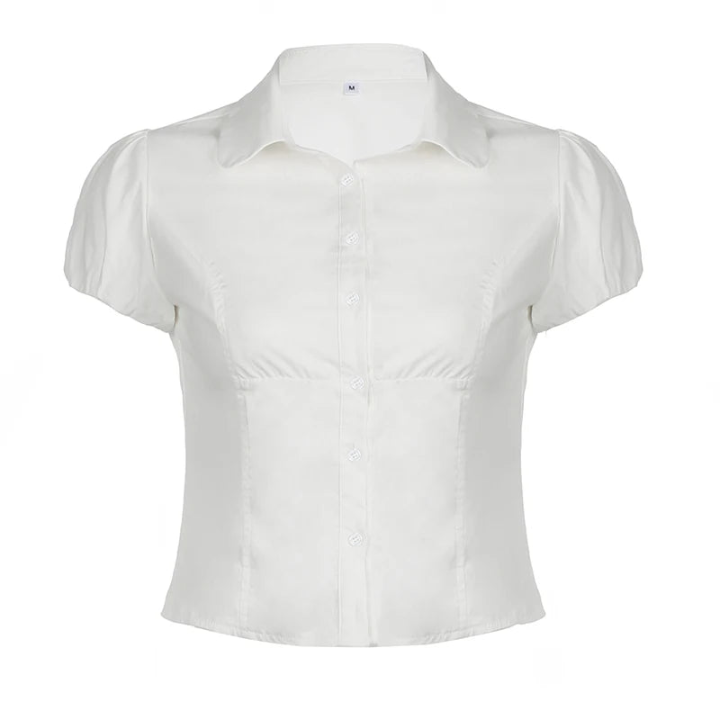Tee Shirts Turn-down Collar Button Up Corset Blouses Short Sleeves Top