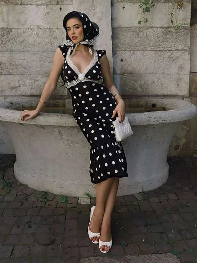 Black Backless Polka Dot Ruched Bodycon Midi Dress