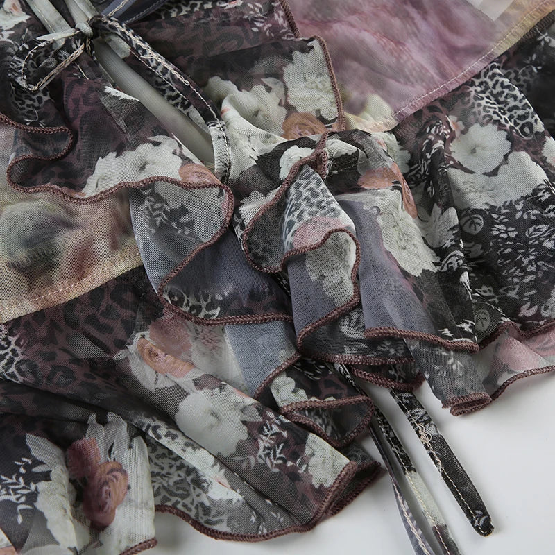 Tie Dye Shirt Ruffle Flare Sleeve Lace-up Retro See-through