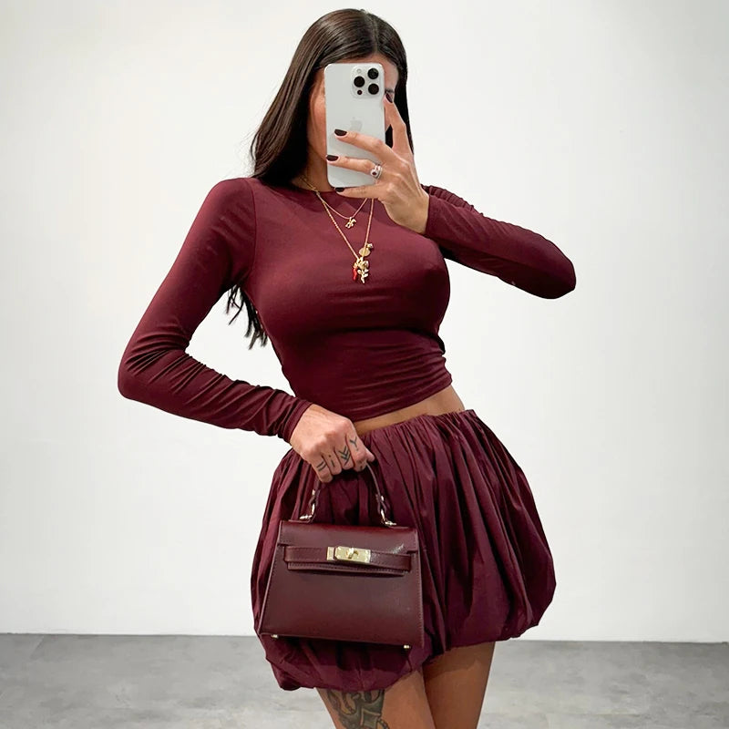 Slim Round Neck Backless Twit Long Sleeve Top Floral Bud Mini Skirt Set