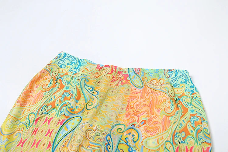 Two Piece Set Colorful Print Bra Top High-Waist Hollow Maxi Skirt Matching