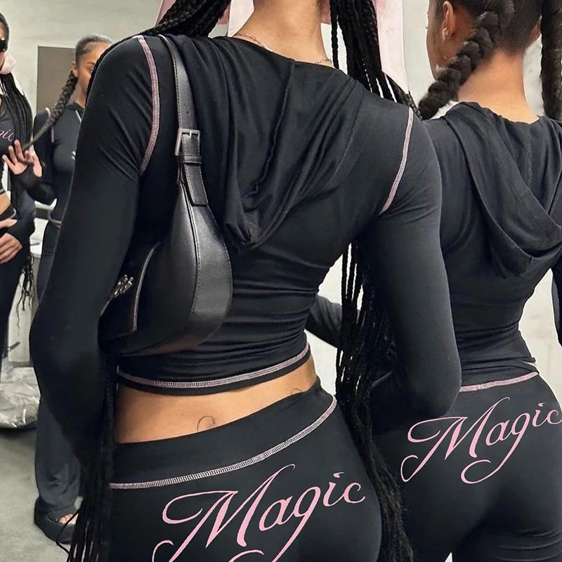 Letter Print Zipper Hooded Jackets Slim Coats
