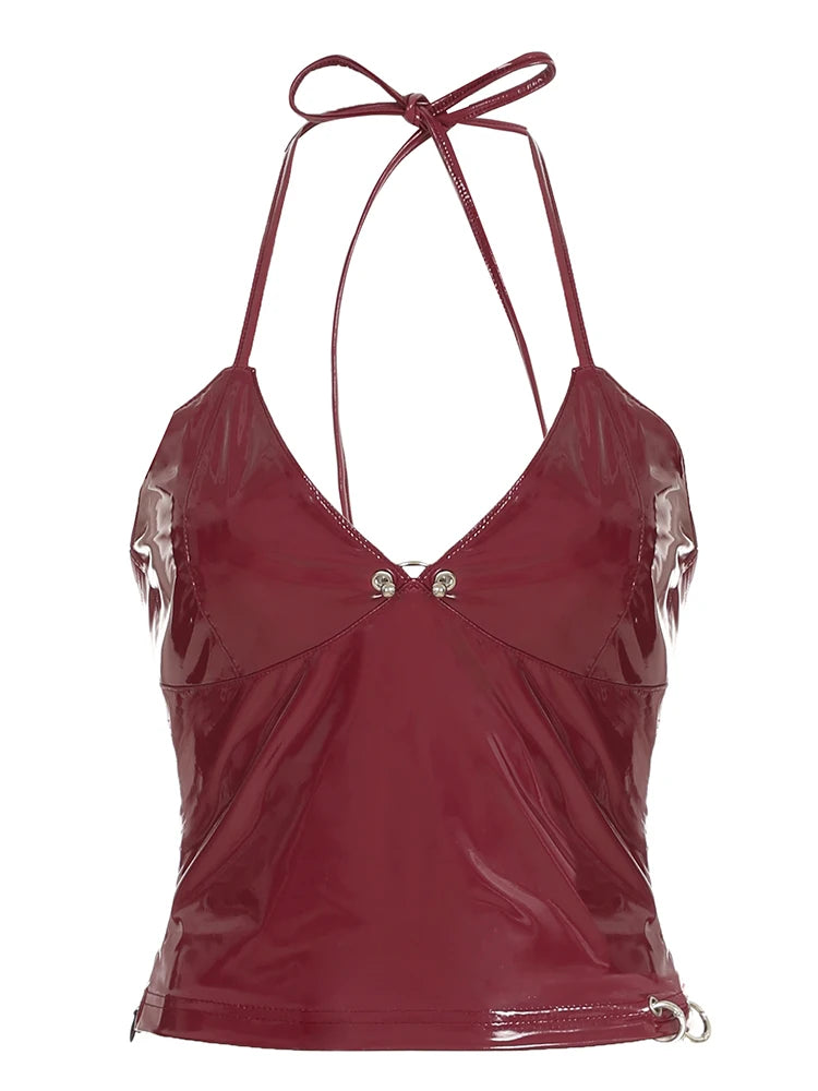 Halter V-Neck Sext Top Metal buckle Slim Backless PU Top