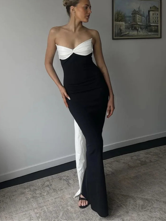 Black White Patchwork Dress Chest Wrap Extra-Long Tassel Backless