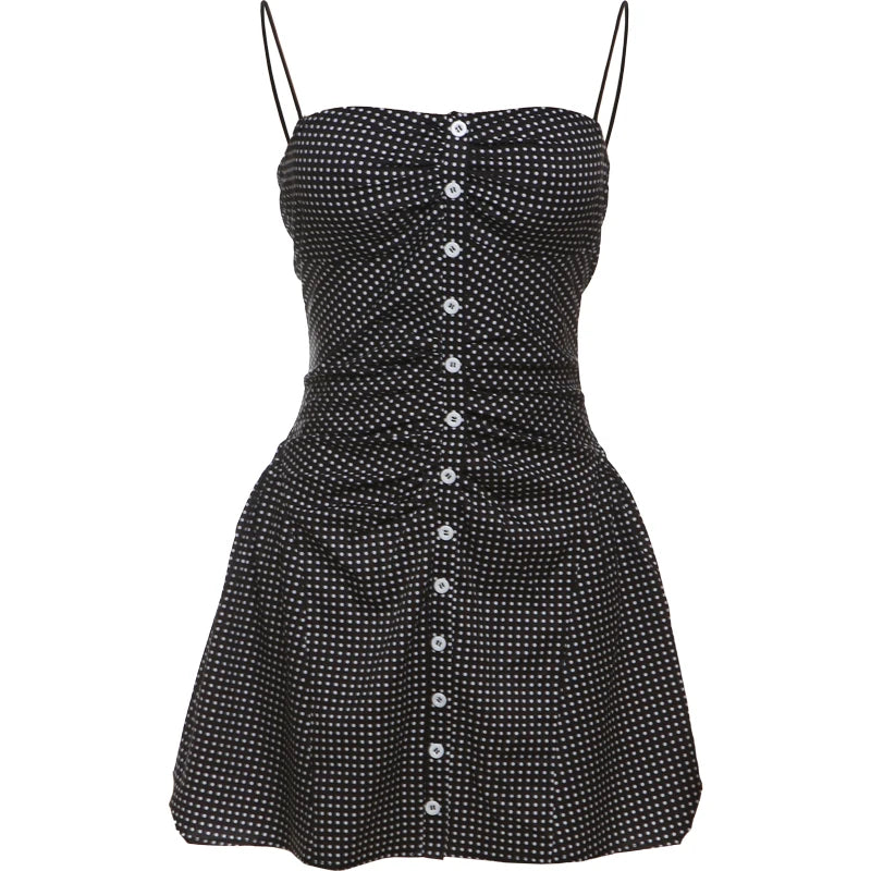 Speckled Print Dress Spaghetti Strap Sleeveless Single-Breasted Pleated Midnight Mini Bodycon