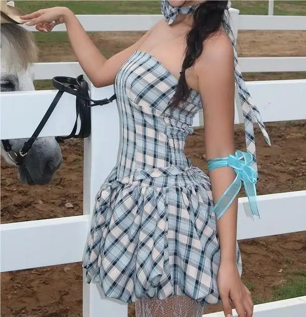 Green Off Shoulder Plaid Mini Dress
