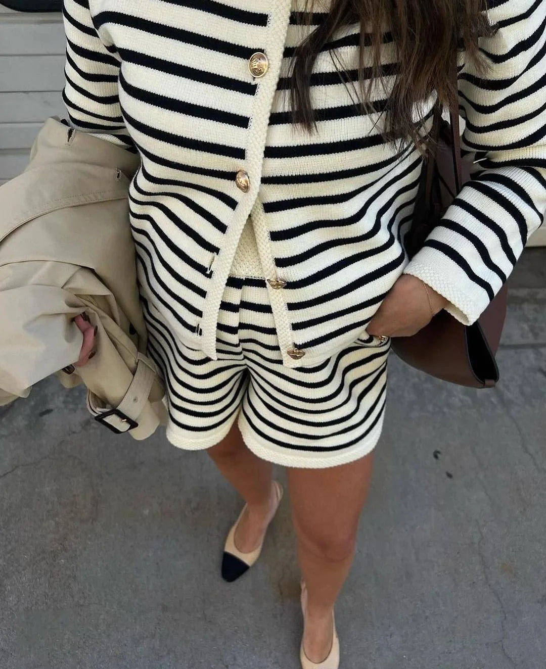 Striped Knit 2 Piece-Set Shorts Zebra ed Cardigan And High Waist Patchwork Shorts Sets Knit