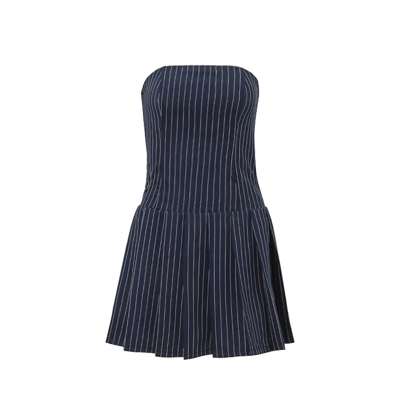 Blue A-line Pleated Slim Mini Dress