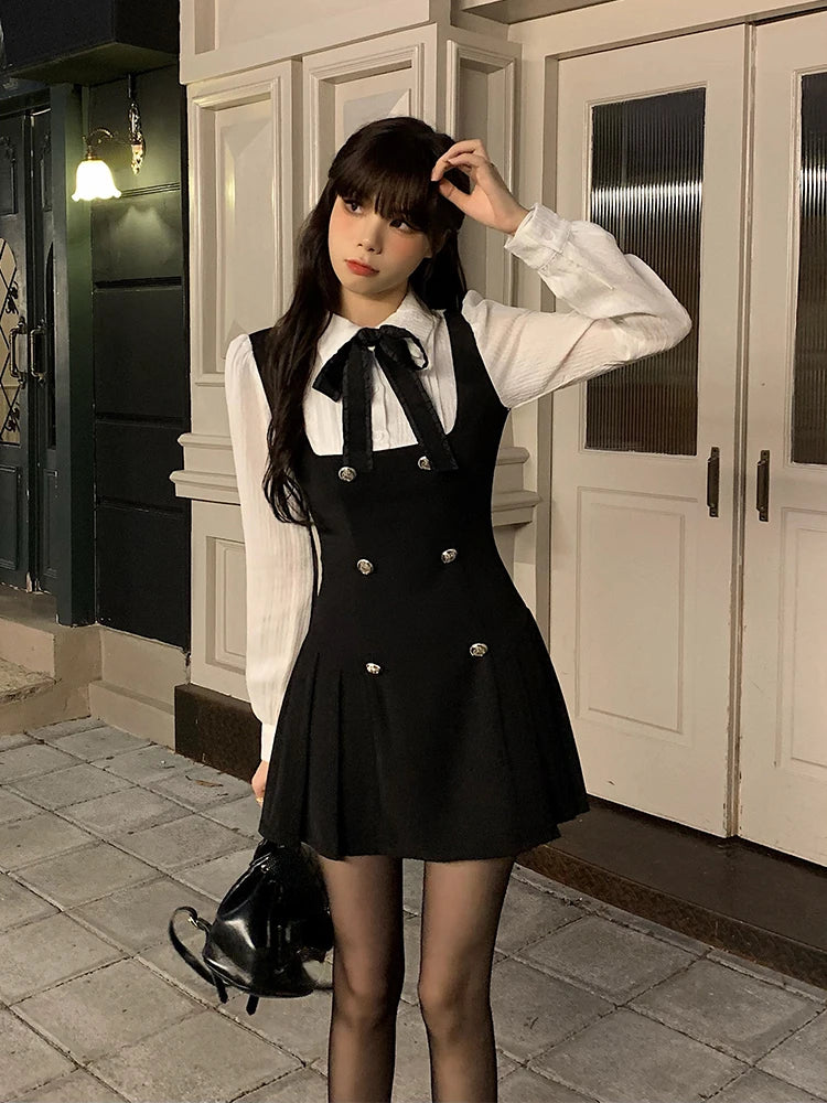 Fake Two Dress Slim Chic Long Sleeve Bow Casual Y2k Mini Dress Korean Short Dress