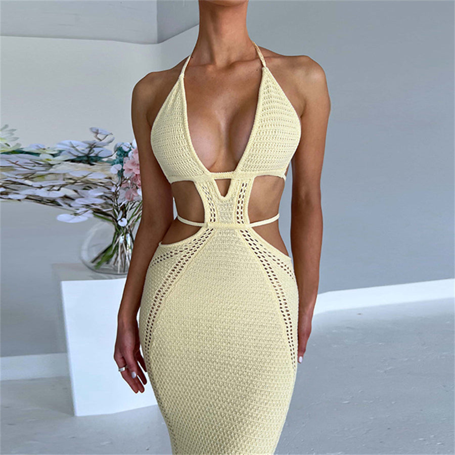 Halter Tie-up Knit Crochet Dress Backless Sleeveless Deep V Cutout Waist Wrapped Bodycon Dress