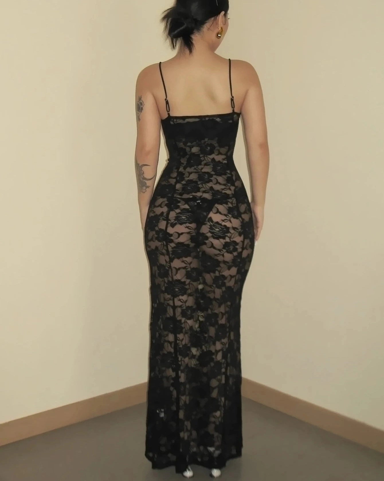 Sheer Ruffled Lace Patchwork Maxi Dress
