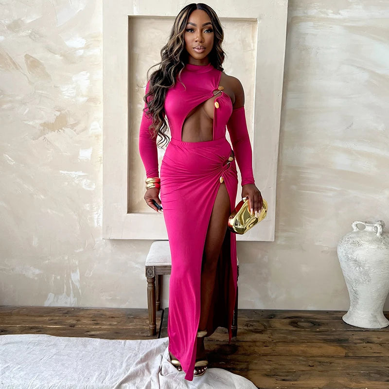 Single Shoulder Half Neck Long Sleeve Hollow Out Bodyuit Split Long Dress Set