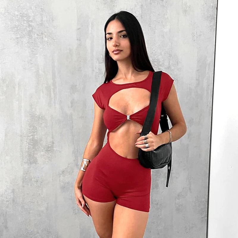 Tight Skeleton Hollow Out Backless Hanging Neck Tie Playuit Sporty Yoga Pant Hip Lift One-Piece Short